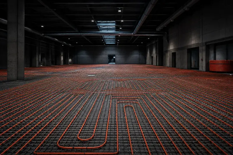 Industrieflächenheizung — großflächig verlegte Heizrohre in einer Industriehalle
